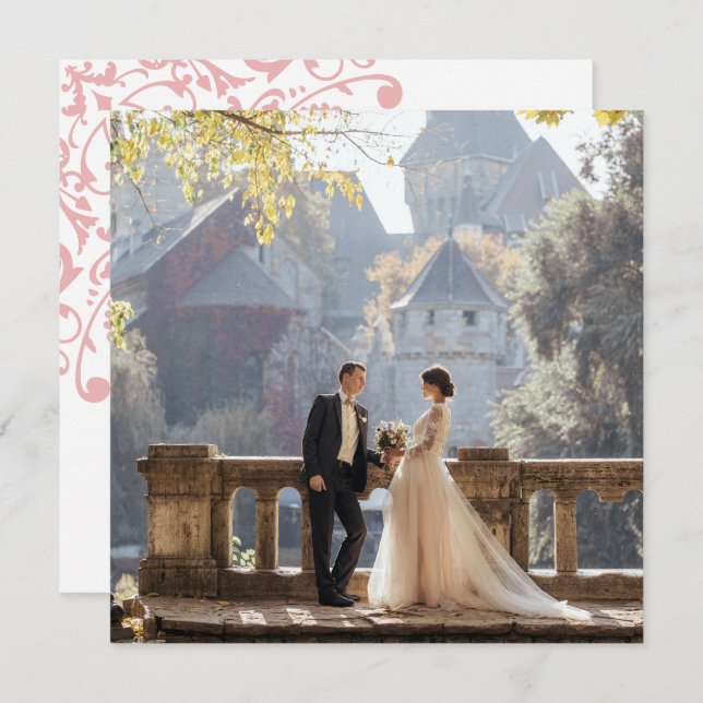 French Regency Pink Fleur de Lis Wedding Photo Thank You Card (Front/Back)