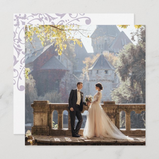 French Regency Purple Fleur de Lis Wedding Photo Thank You Card (Front/Back)
