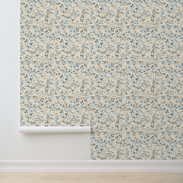 French Retro Spring Botanical Floral Wallpaper (Application)