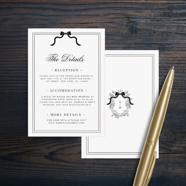 French Ribbon Bow Crest Monogram Wedding Details Enclosure Card (Creator Uploaded)