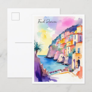 French Riviera France Watercolor Illustration Postcard