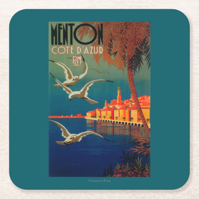 French Riviera Travel Poster # 1 Square Paper Coaster (Front)