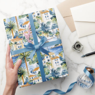 French Riviera Tropical Palm Trees Birthday Wrapping Paper