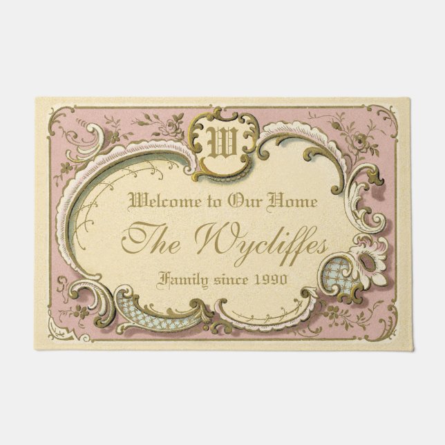 French Rococo Boudoir Elegant Frame Gold Pink Doormat (Front)