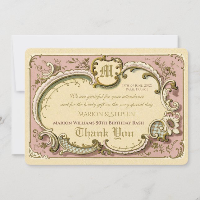 French Rococo Elegant Frame Antique Gold Pink Thank You Card (Front)