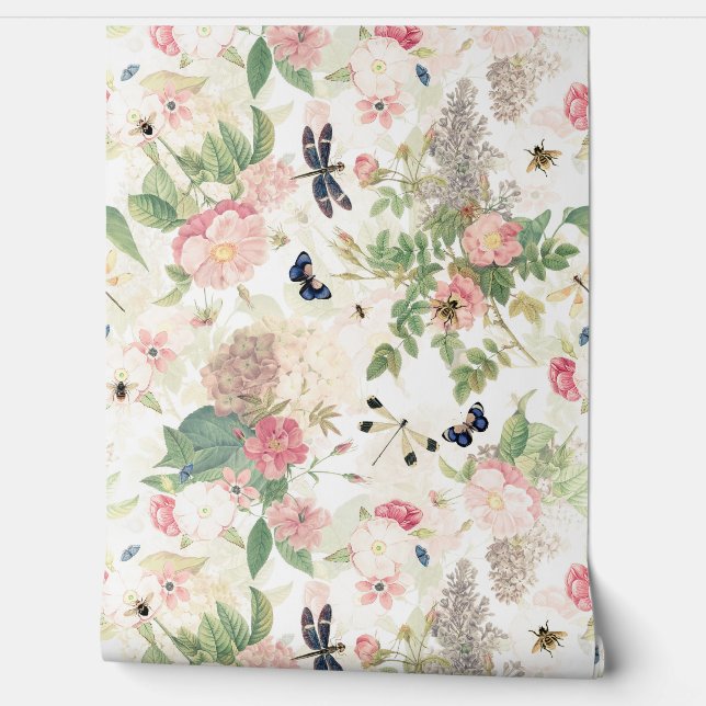 French Rococo Redouté Roses And Flowers Garden  Wallpaper (Unrolling)