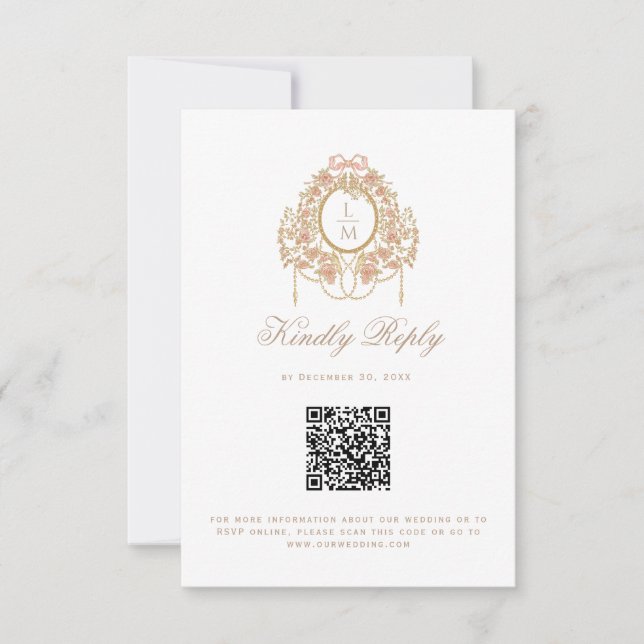 French Rococo Rose Monogram Wedding QR Code RSVP Card (Front)