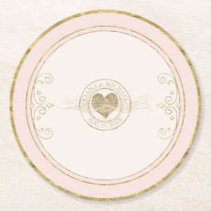 French Romance Wedding Heart Blush ID870 Round Paper Coaster