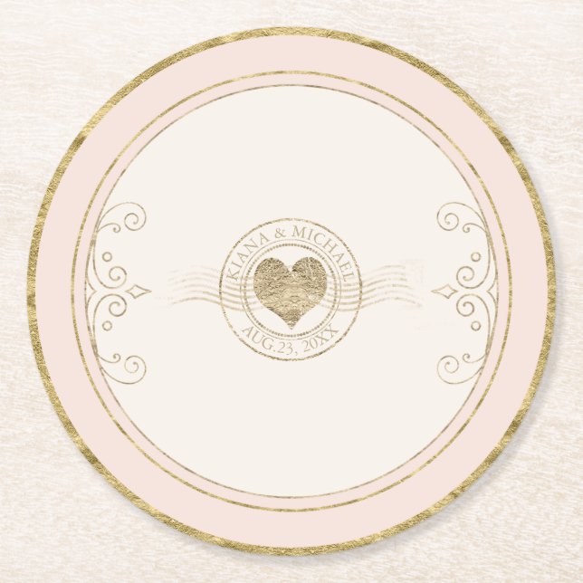 French Romance Wedding Heart Blush ID870 Round Paper Coaster (Front)