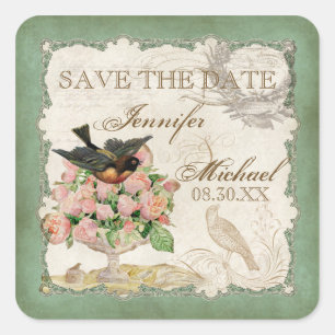 French Rose Love Birds Vintage Lace - Apple Green Square Sticker