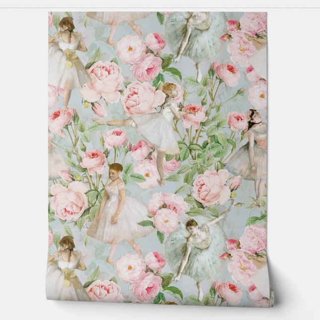 French Roses and Ballerina Dancer Summer Garden Wallpaper (Unrolling)