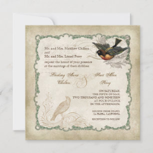 French Roses Love Birds Swirl Vintage Lace - Aqua Invitation