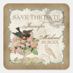 French Roses Love Birds Vintage Lace - Mocha Square Sticker