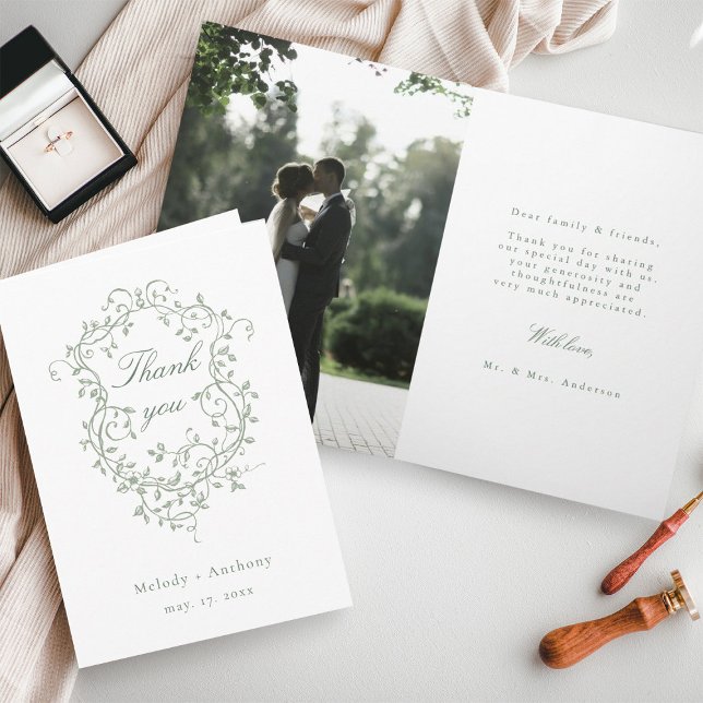 French Sage Green Floral Crest Wedding Photo Thank You Card (Front & Inside)