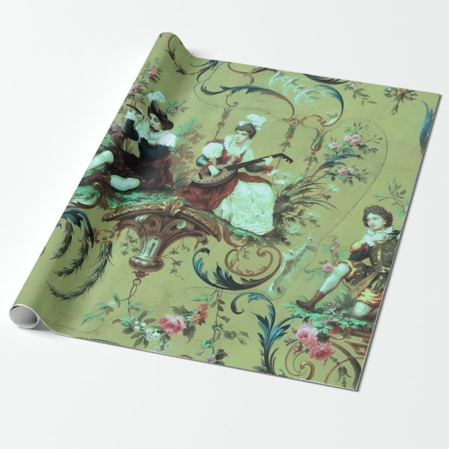 French Sage Green Toile Victorian Style Decoupage Wrapping Paper (Unrolled)