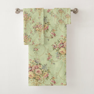 French Sage Green Victorian Style Floral Rococo Bath Towel Set