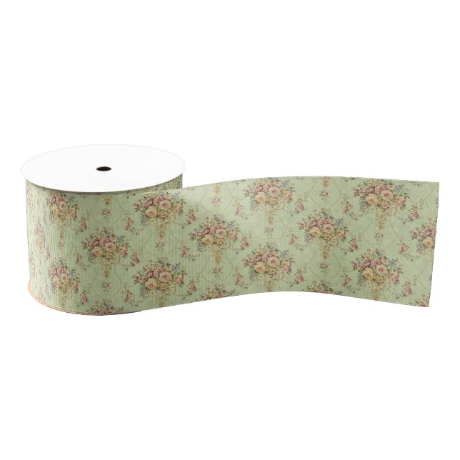 French Sage Green Victorian Style Floral Rococo Grosgrain Ribbon (Spool)