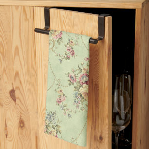 French Sage Green Victorian Style Floral Rococo Kitchen Towel