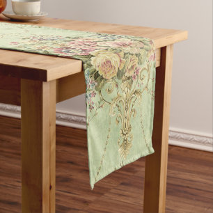 French Sage Green Victorian Style Floral Rococo Long Table Runner