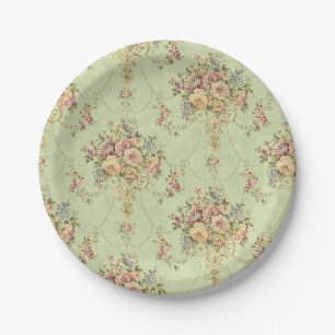 French Sage Green Victorian Style Floral Rococo Paper Plate