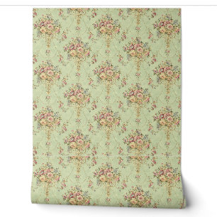 French Sage Green Victorian Style Floral Rococo Wallpaper