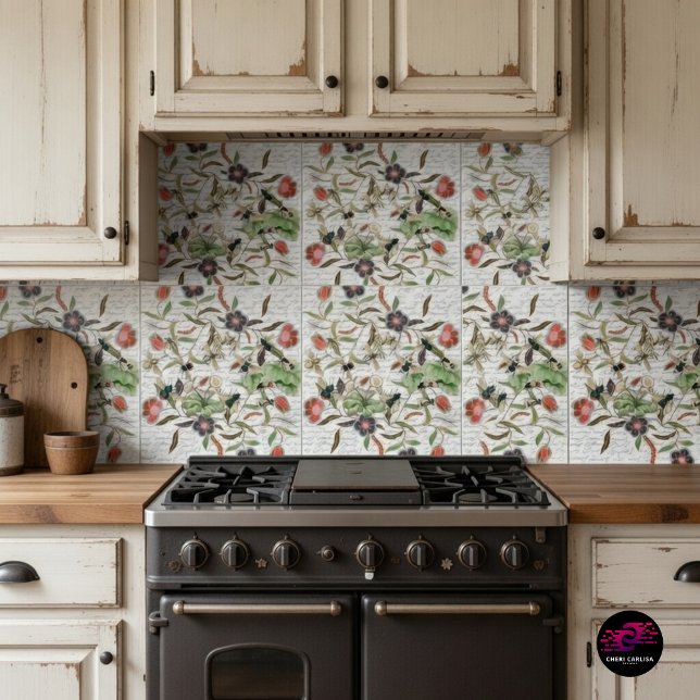 French Script Botanical Bee Pattern Tile (French Script Botanical Bee tiles styled as a rustic kitchen backsplash.)
