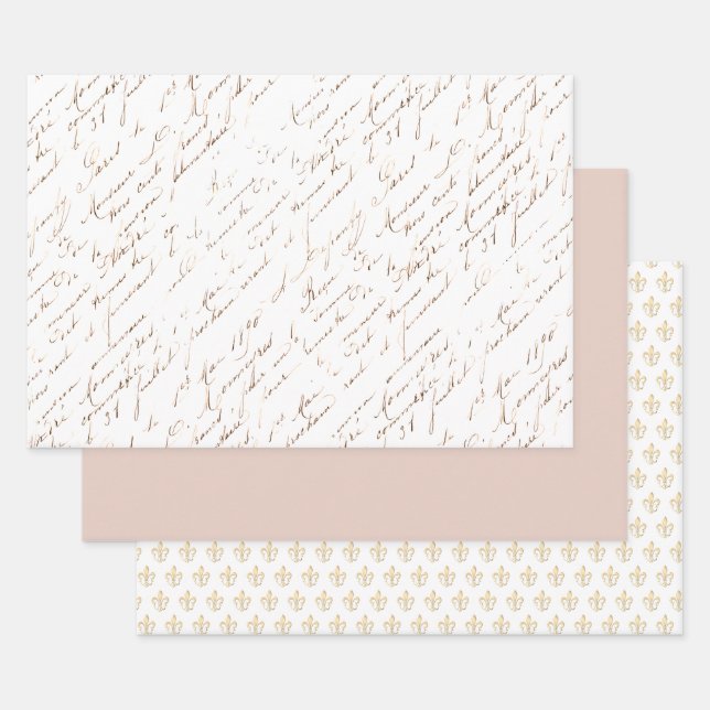 French Script Fleur de Lis Rose Gold Blush Pink Wrapping Paper Sheet (Set)