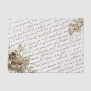 French Script Gold Bird Nest Flowers Vintage Tissue Paper