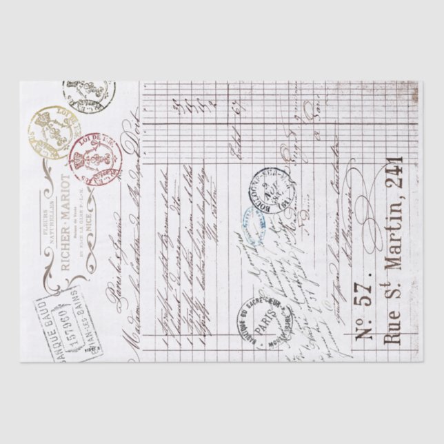 French Script Invoice Postmark Paris Decoupage  Tissue Paper (Front)