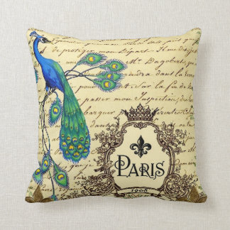 French Script Peacock Paris Decorative Pillow