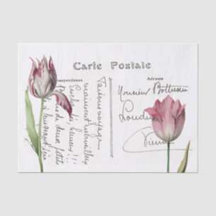 French Script Postcard Pink Tulip Flower Decoupage Tissue Paper