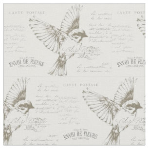 French Script Vintage Bird Carte Postale  Fabric
