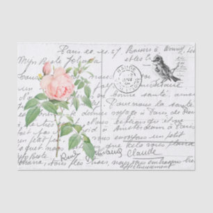 French Script Vintage Fragrant Rose Bird Postcard  Tissue Paper