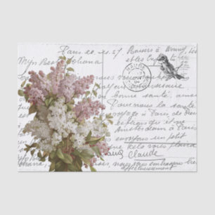 French Script Vintage Lilac Flowers Bird Postcard Tissue Paper