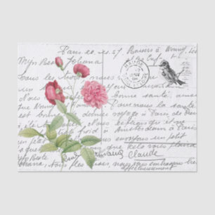 French Script Vintage Pink Roses Bird Postcard Tissue Paper