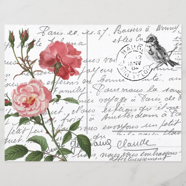 French Script Vintage Rose Bird Postcard (Front)