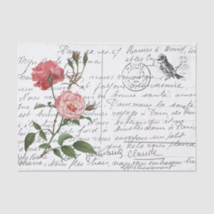French Script Vintage Rose Bird Postcard Tissue Paper
