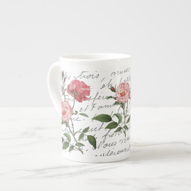 French Script Vintage Rose Flower Carte Postale  Bone China Mug (Front Left)