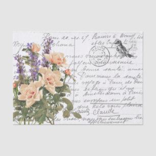 French Script Vintage Rose Lavender Bird Postcard Tissue Paper