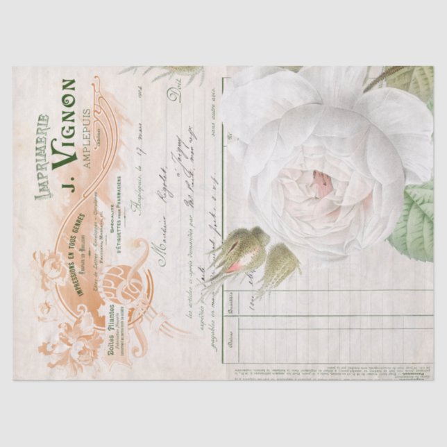 French Script White Rose Flower Ephemera Decoupage Tissue Paper (Front)