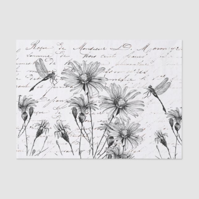 French Script Wildflower Dragonfly Decoupage Craft Tissue Paper (Front)