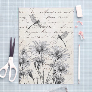 French Script Wildflower Dragonfly Decoupage Craft Tissue Paper