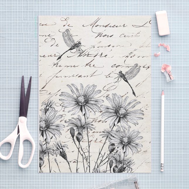 French Script Wildflower Dragonfly Decoupage Craft Tissue Paper (Creator Uploaded)