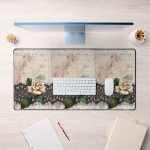 french scripts vintage lace victorian white rose desk mat