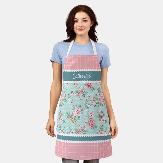 French Shabby Chic Pastel Teal Blue Pink Rose Apron (Worn)