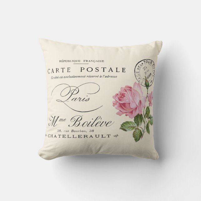 French, shabby chic vintage postcard throw pillow (Front)