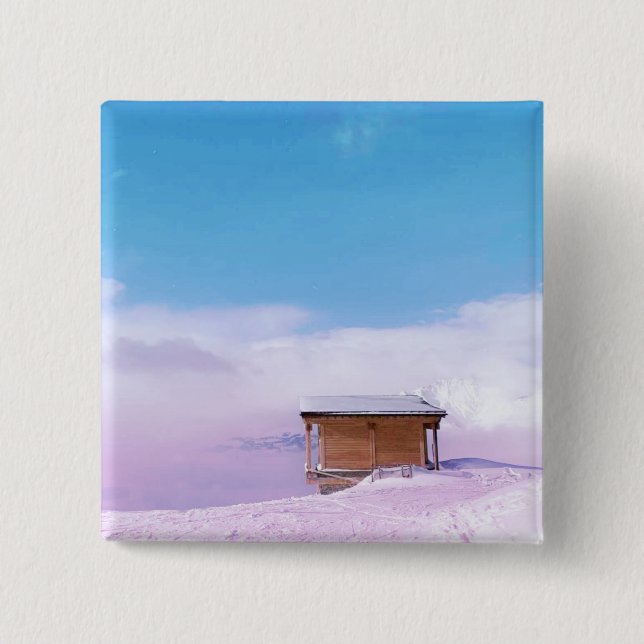 French Snow Mountain Hut  2 Inch Square Button (Front)