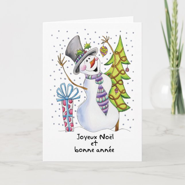 French - Snowman - Happy Snowman - Joyeux Noël Holiday Card (Front)