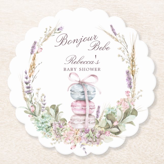 French Stack of Macarons in wreath bonjour bebe Paper Coaster (Front)