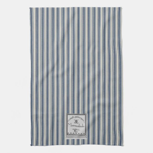 French Style Blue Cream Stripes Marmalade Label Kitchen Towel (Vertical)